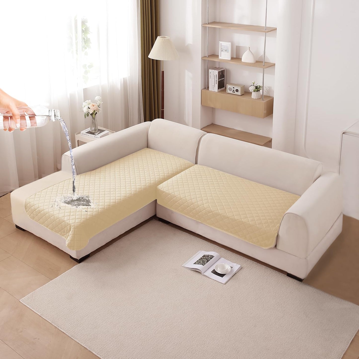 HOKIPO Waterproof Quilted Quick Dry L Shape Sofa Seat Cover Mat, Beige