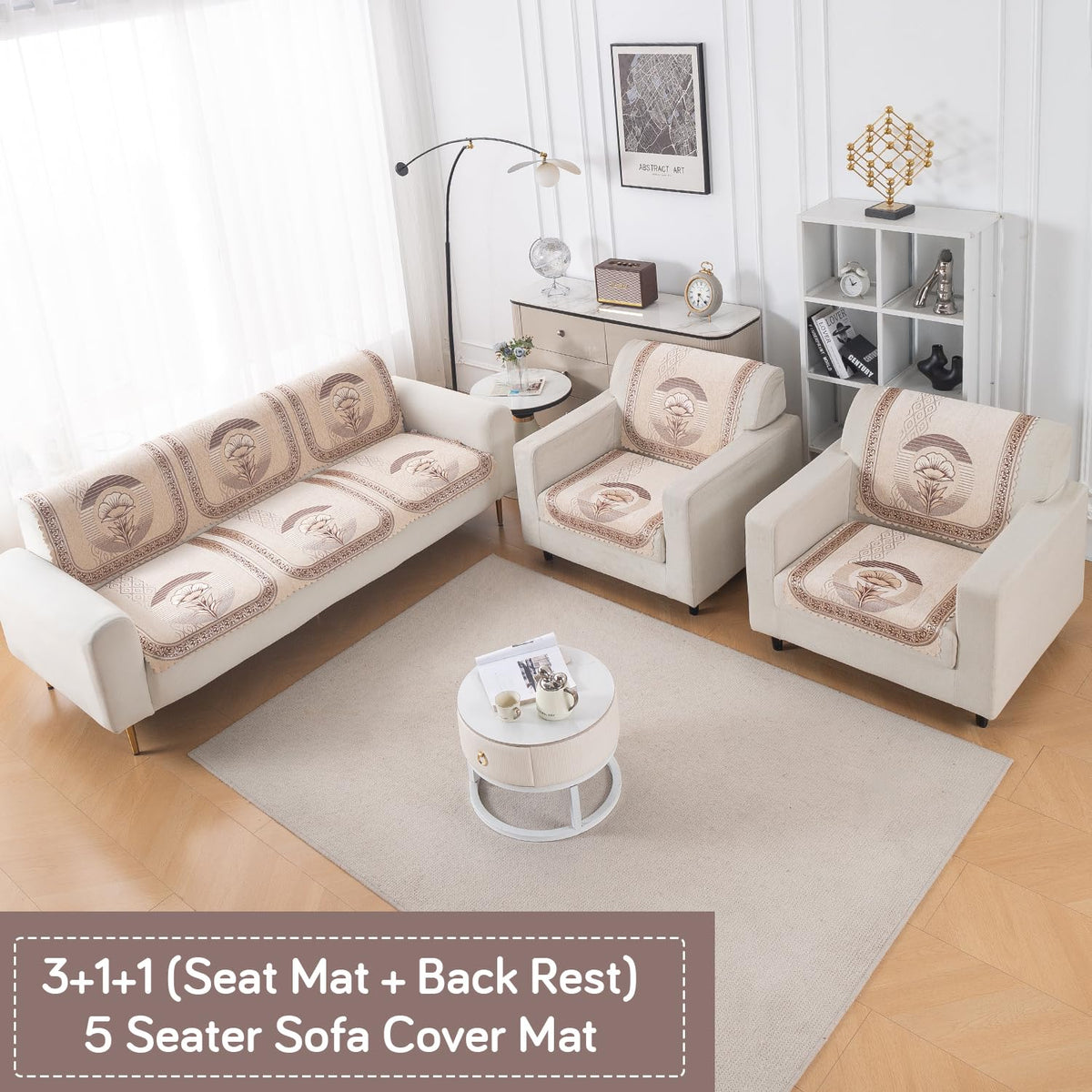 Royal Aangan Premium Chenille Jacquard Sofa Cover 5 Seater Set 3+1+1 Sofa Cover for Seat & Back, Noor Beige