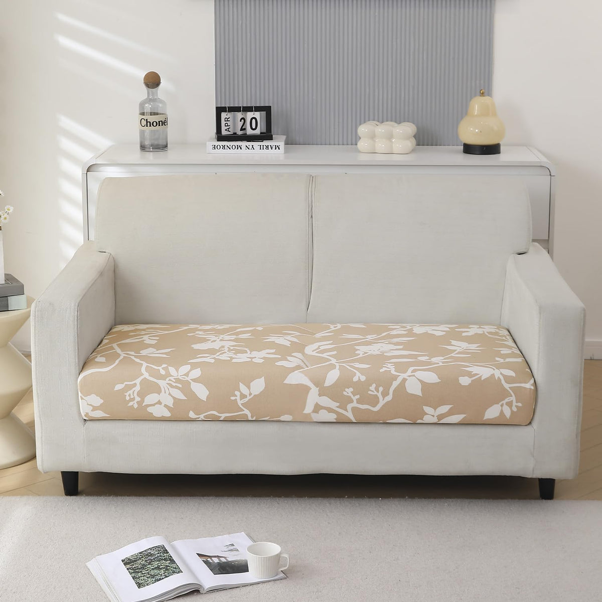 140 GSM Stretchable Printed Elastic Sofa Cushion Seat Cover for 1 /2 /3 Seaters / Pieces for Sofa, Buff Brown Sillehoute Floral