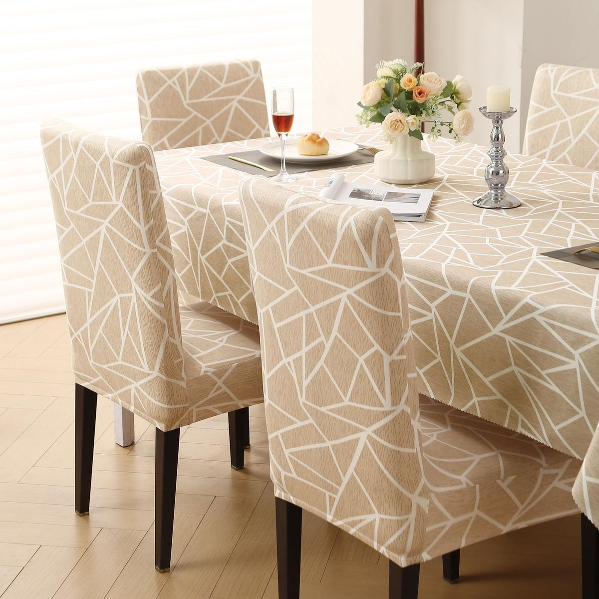Elastic Dining Chair Covers with Matching Tablecloth, Beige Abstract Geometry
