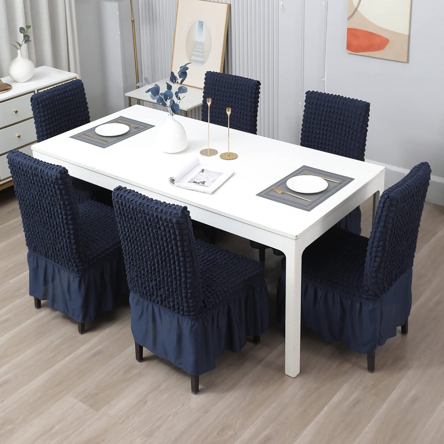 Elastic Stretchable 280 GSM Turkish Bubble Dining Chair Cover with Frill, Navy Blue