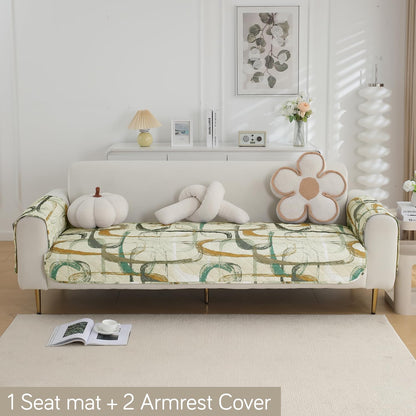 Waterproof Quilted Sofa Seat Mat for 1/2/3 Seater with 2 Armrest Covers with Pockets, Parchement Beige Abstract Art