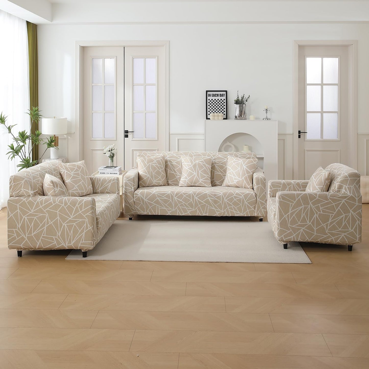 Elastic Stretchable Printed 140gsm Fully Covered Sofa Cover, Beige Abstract Geometry