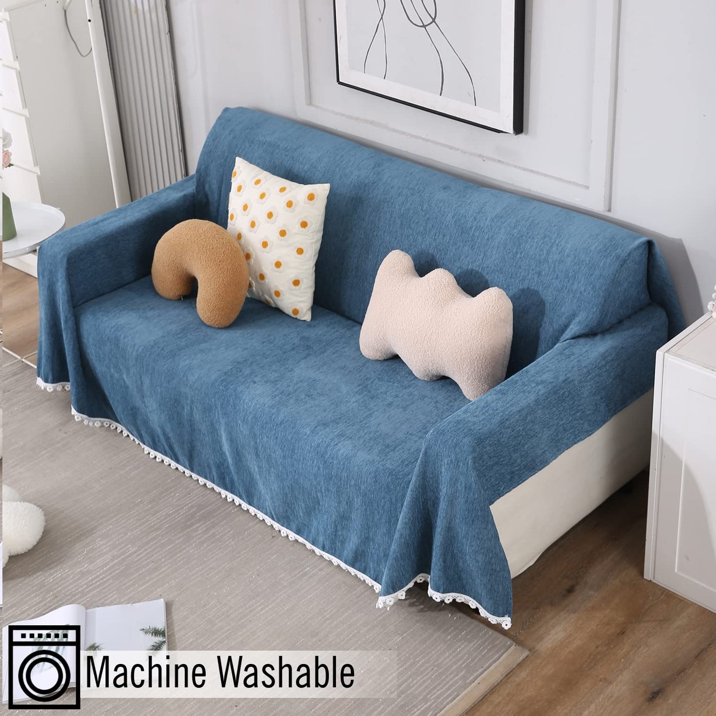 Buy Blue colour chenille sofa throw in size 180(D)x180(L) for one seater, 180(D)x230(L) for two seater, 180(D)x300(L) for 3 seater
