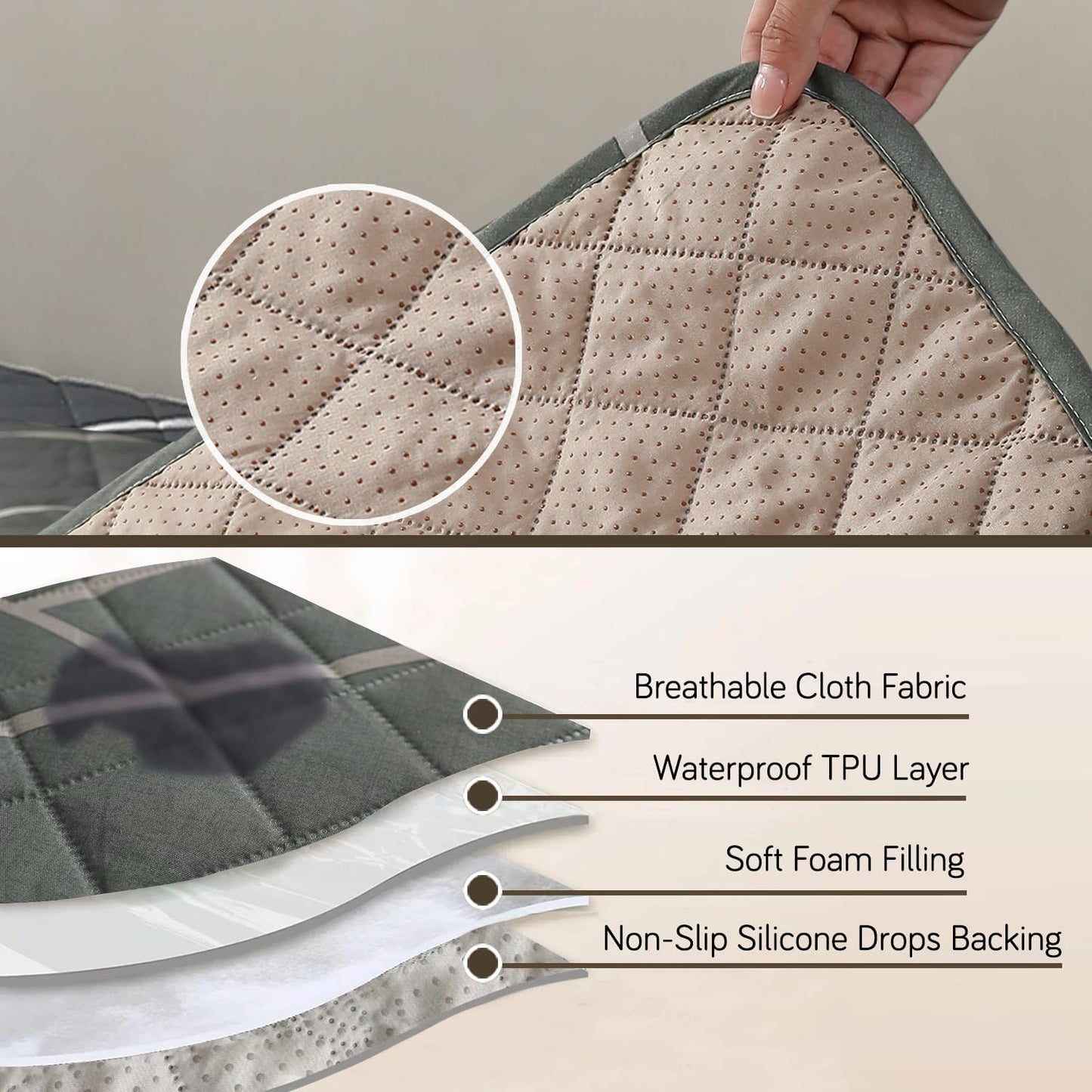 HOKIPO Quilted Waterproof Sofa Seat Mat with 2 Armrest Covers with Pockets, Abstract Geometric Shadow Grey