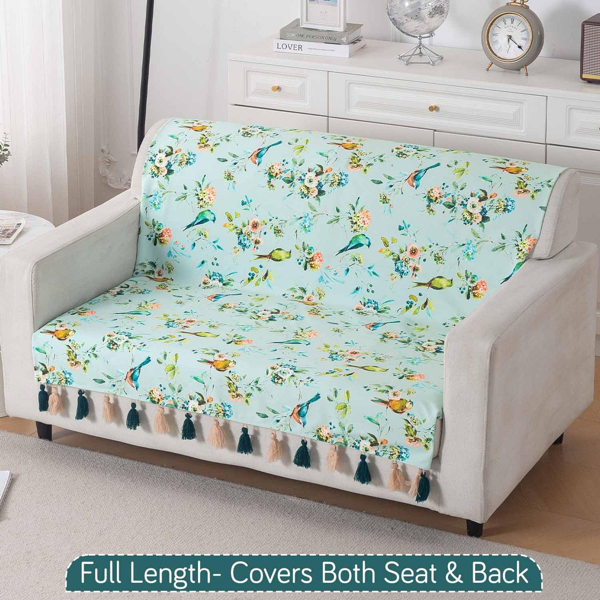 'Whispers of Nature' Series Holland Velvet Sofa Cover with Tassel, Mint Birdsong Blossom
