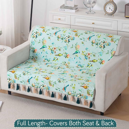 'Whispers of Nature' Series Holland Velvet Sofa Cover with Tassel, Mint Birdsong Blossom