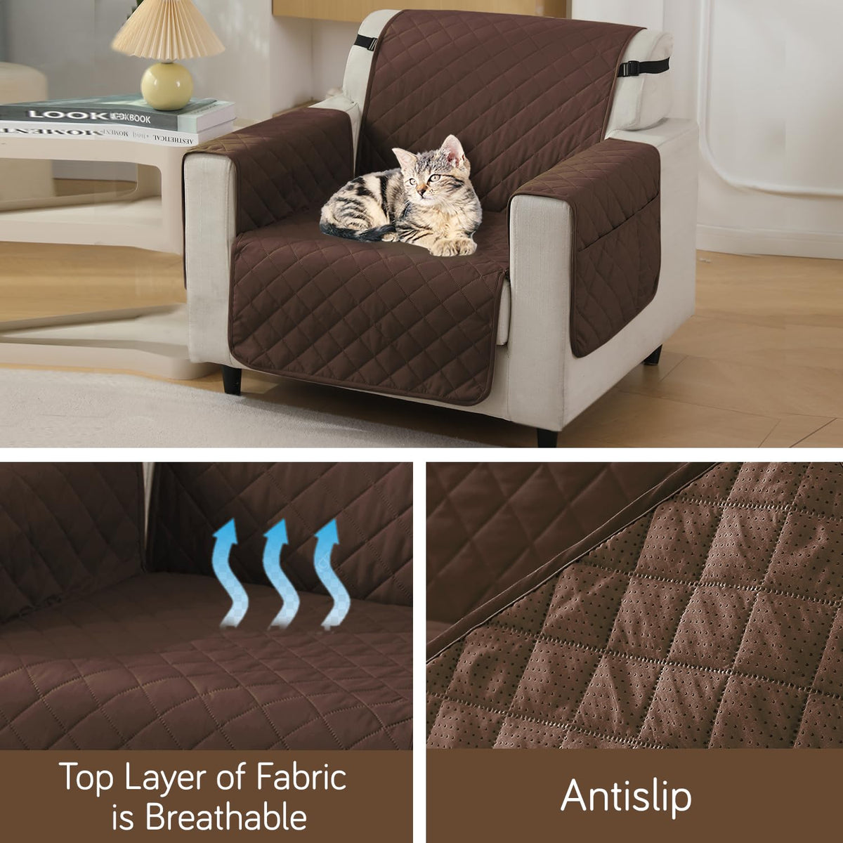 Brown colour single seater quilted waterproof sofa mat | Hokipo