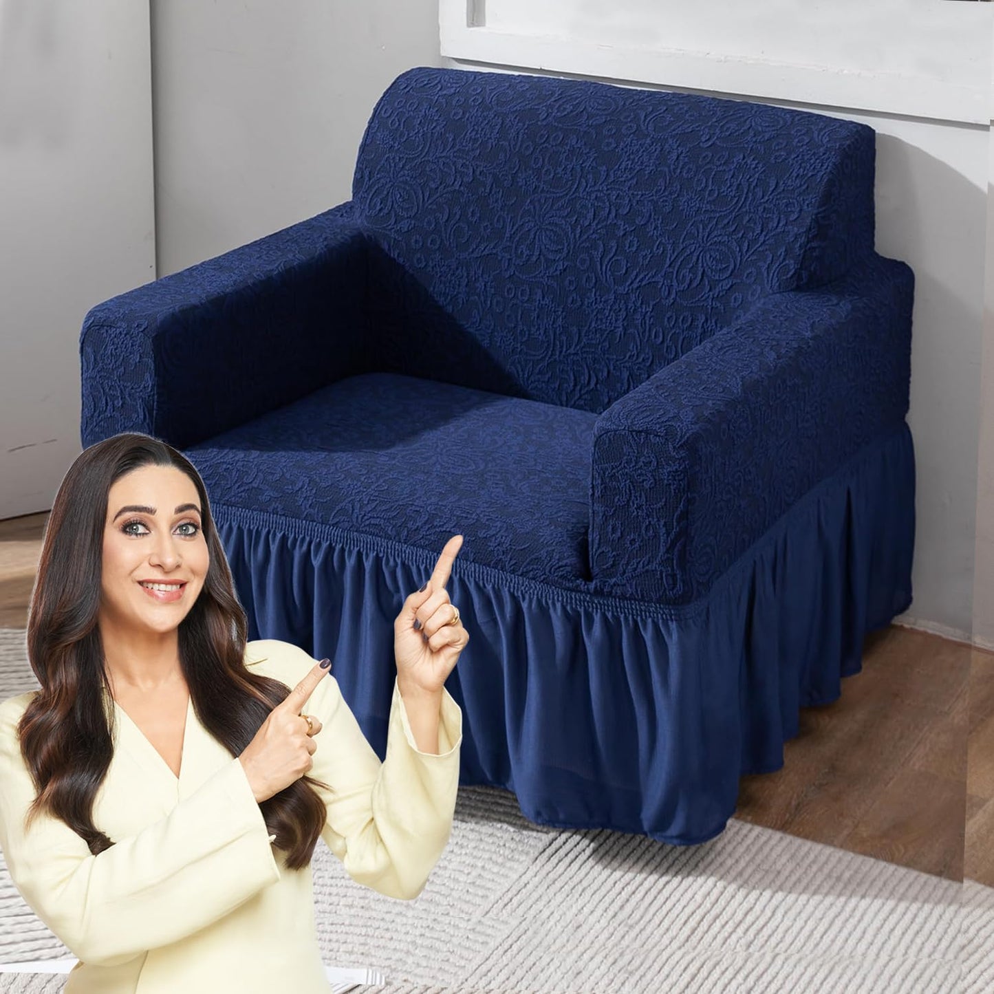 Elastic Stretchable Designer Woven Jacquard Sofa Cover with Frill, Navy Blue