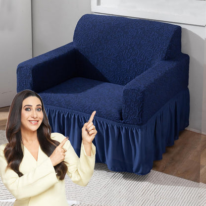 Elastic Stretchable Designer Woven Jacquard Sofa Cover with Frill, Navy Blue