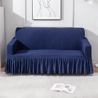 Elastic Stretchable Designer Woven Jacquard Sofa Cover with Frill, Navy Blue