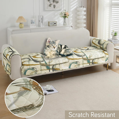 Waterproof Quilted Sofa Seat Mat for 1/2/3 Seater with 2 Armrest Covers with Pockets, Parchement Beige Abstract Art