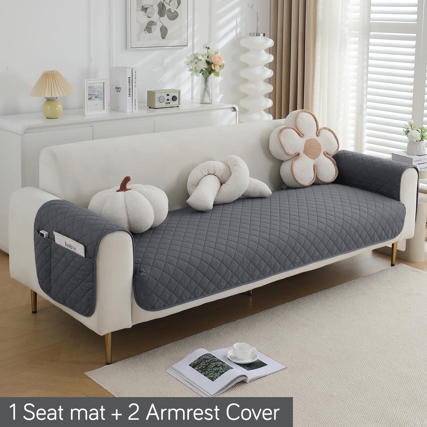 HOKIPO Quilted Waterproof Sofa Seat Mat with 2 Armrest Covers with Pockets, Dark Grey