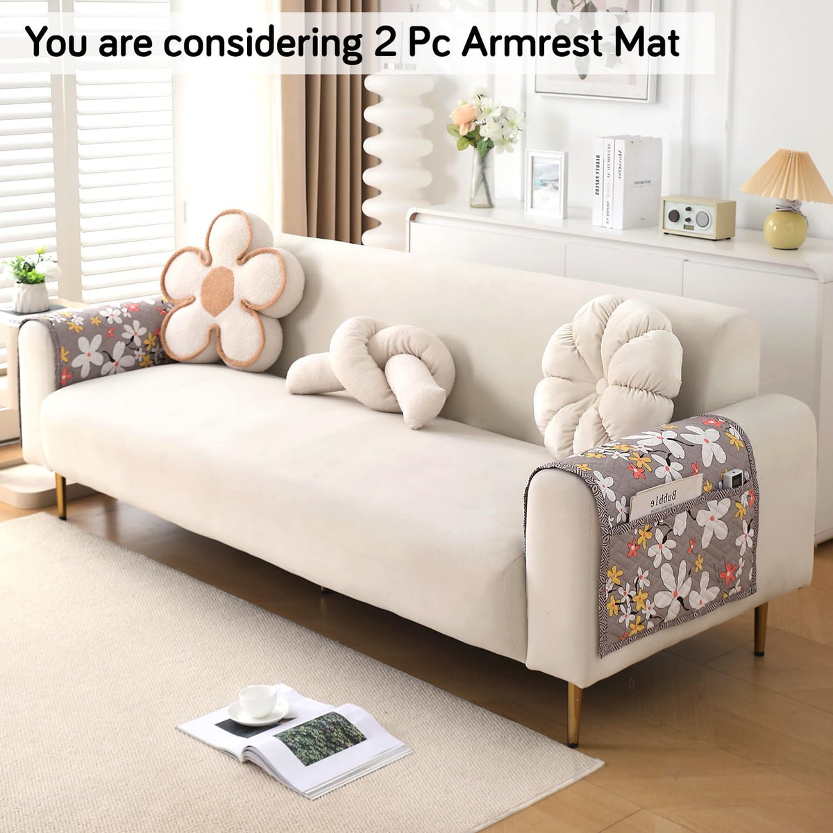 'Homehues' Printed Quilted Sofa Cover Mats, Pastel Brown Sandwort Flower