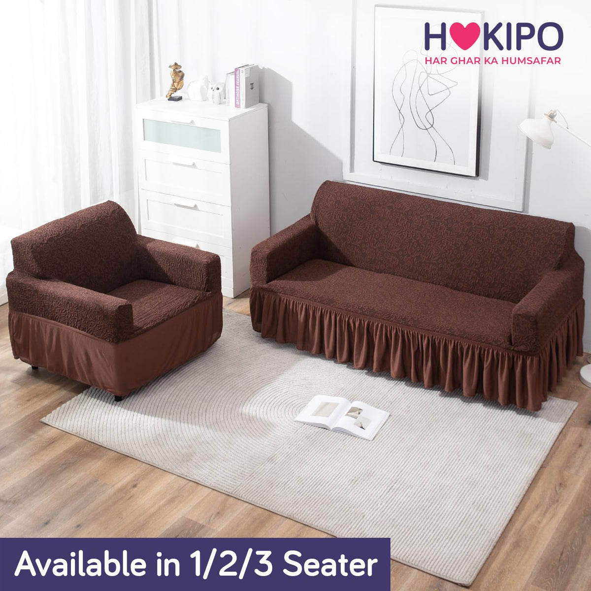 Elastic Stretchable Designer Woven Jacquard Sofa Cover with Frill , Pecan Brown