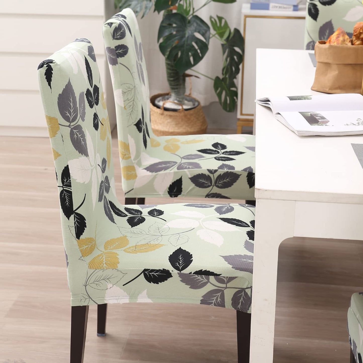 Elastic Stretchable Dining Chair Cover, Green Hibiscus Leaves