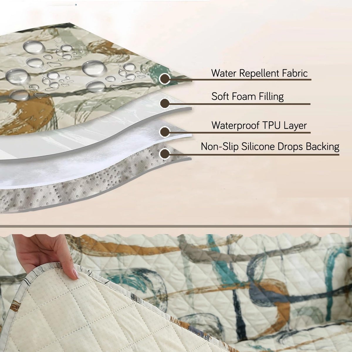 Quilted Recliner Water Repellent & Waterproof Cover for Small / Large - Parchement Beige Abstract Art