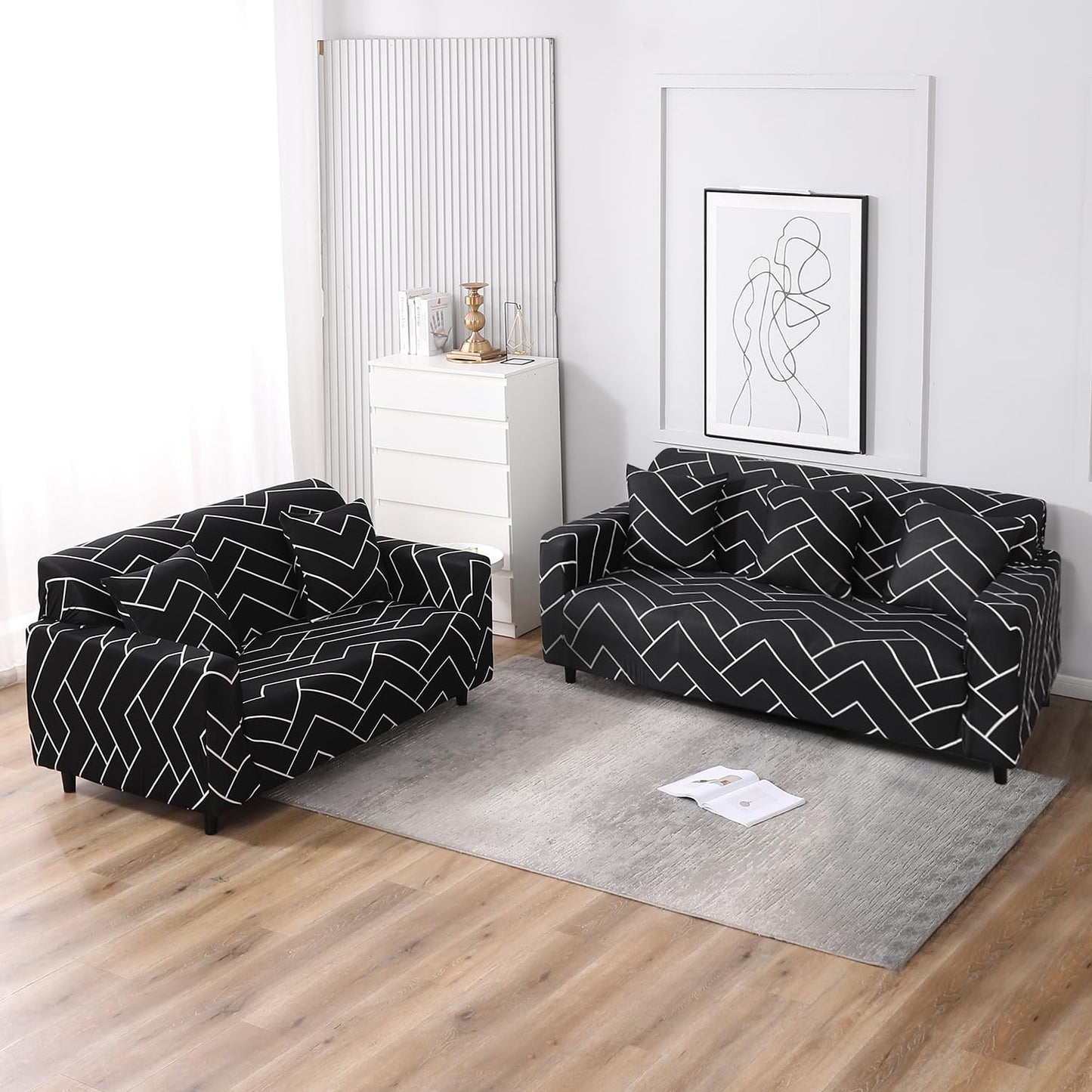 Elastic Stretchable Printed Sofa Cover, Black Chevron