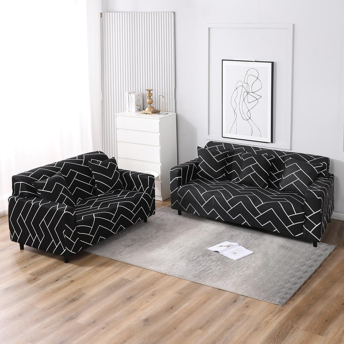 Elastic Stretchable Printed Sofa Cover, Black Chevron