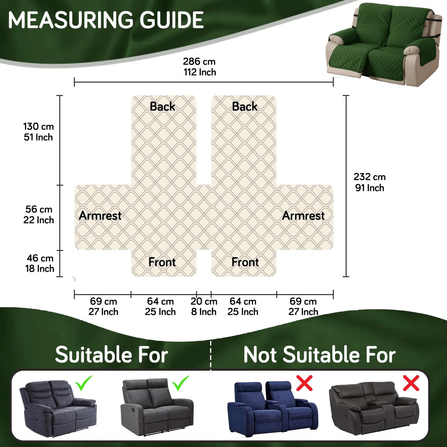 UrbanQuilt Recliner Sofa Slipcover Mat with Dual Belt for 1/2/3 Seater - Forest Green