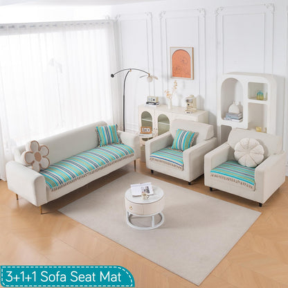 Artisan Boho 5-Seater Sofa Seat Mat with Tassels (3+1+1), Aqua Blue