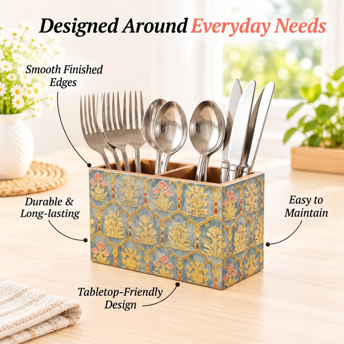 HOKIPO Cutlery Holder for Dining Table, Engineered Wood, Shahi Gulnaar - image 7