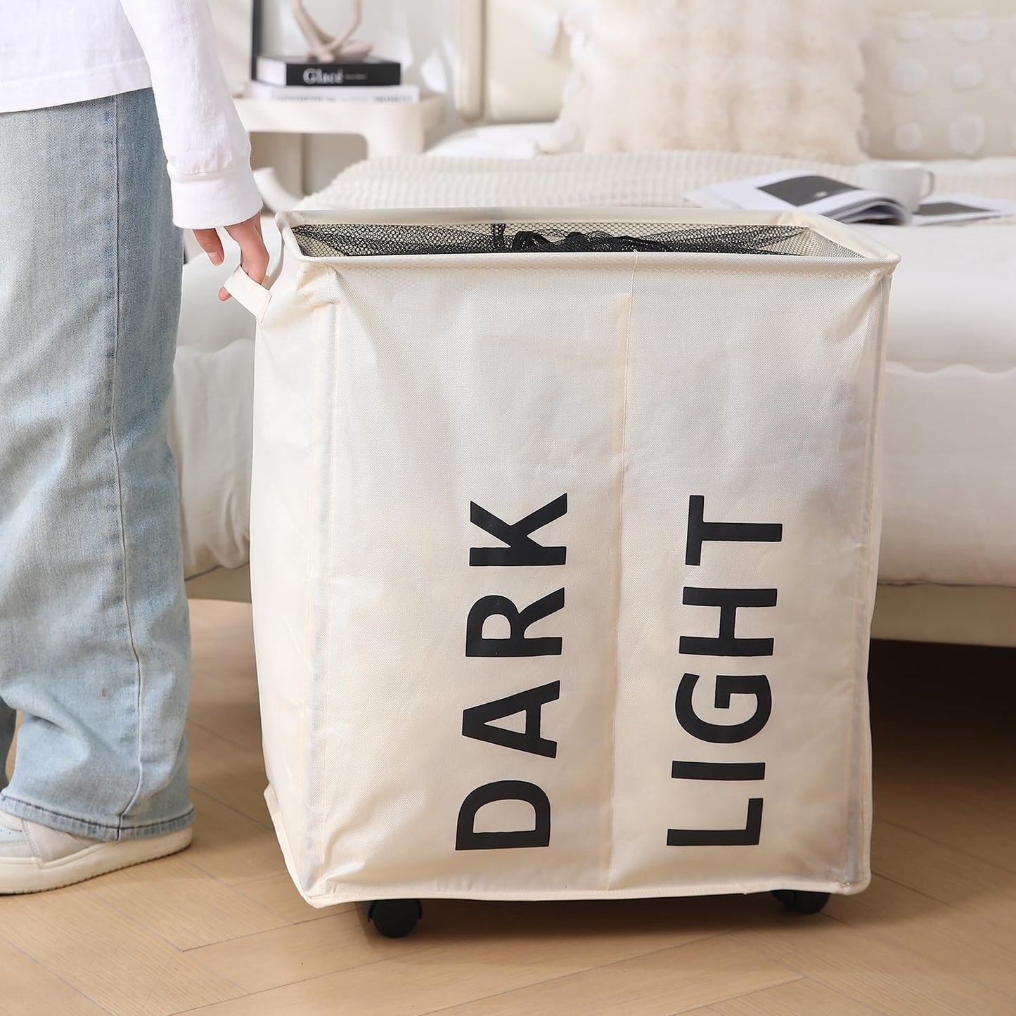 Large Laundry Basket Foldable Hamper With Wheels, Cream