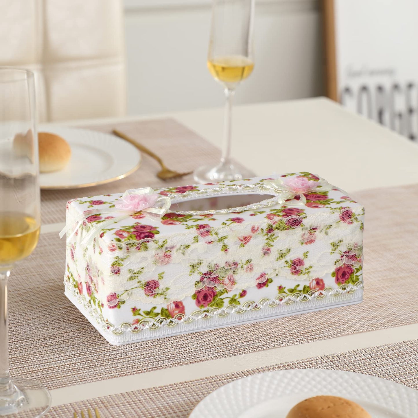 Plastic Tissue Paper Box Holder, Floral White