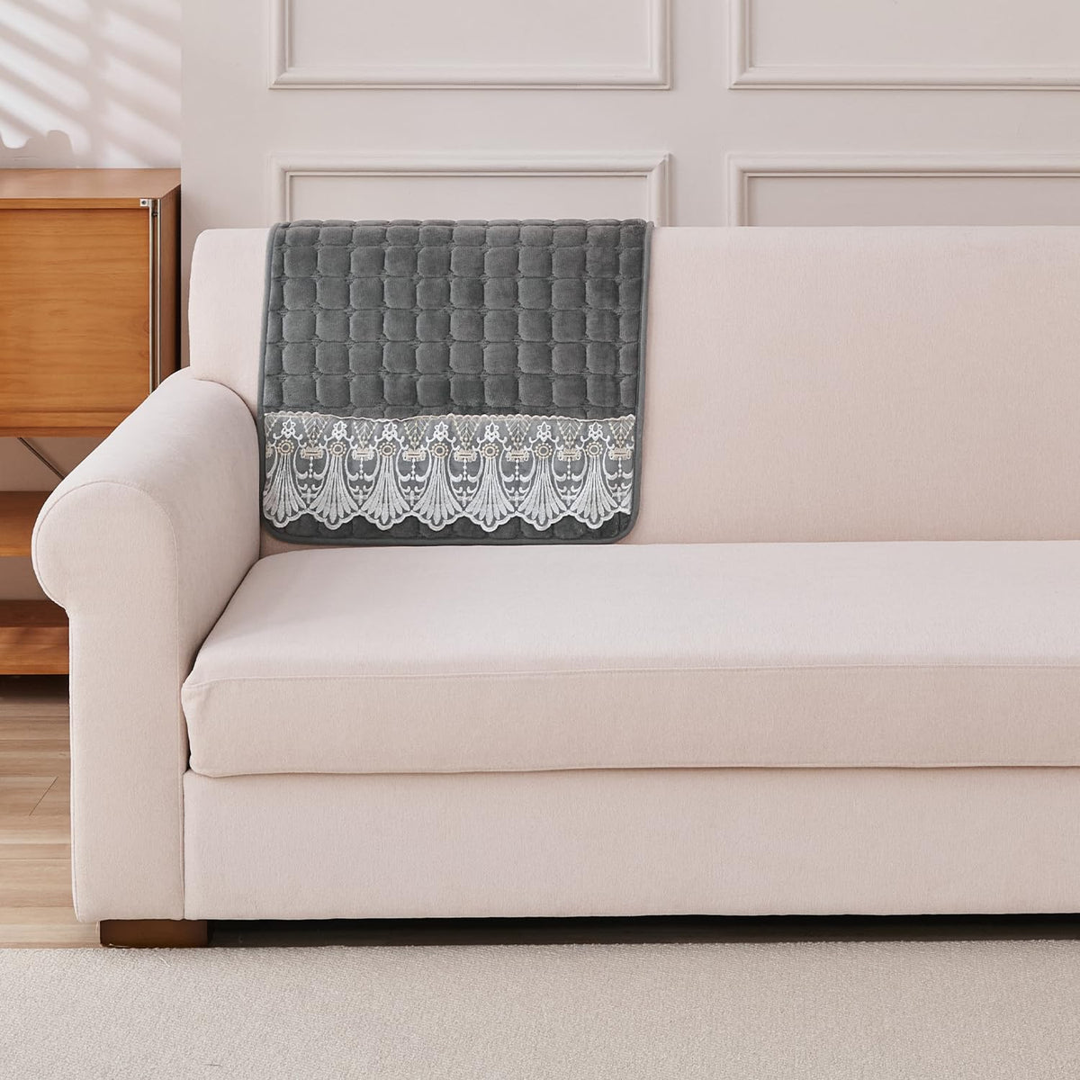 BelleLace Series Imperial Milk Velvet Sofa Cover Mat with Lace Design - Porpoise Grey