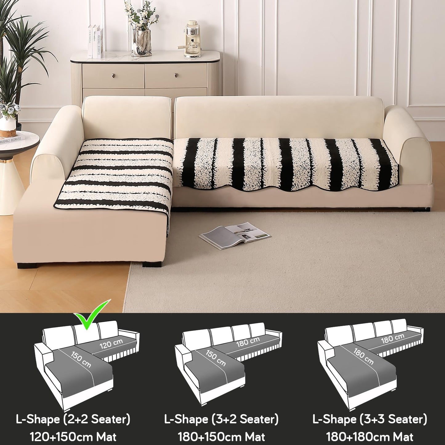 Luxury Wavy Mat with Anti Slip Backing  L Shape Sofa Cover Seat Mat - Black