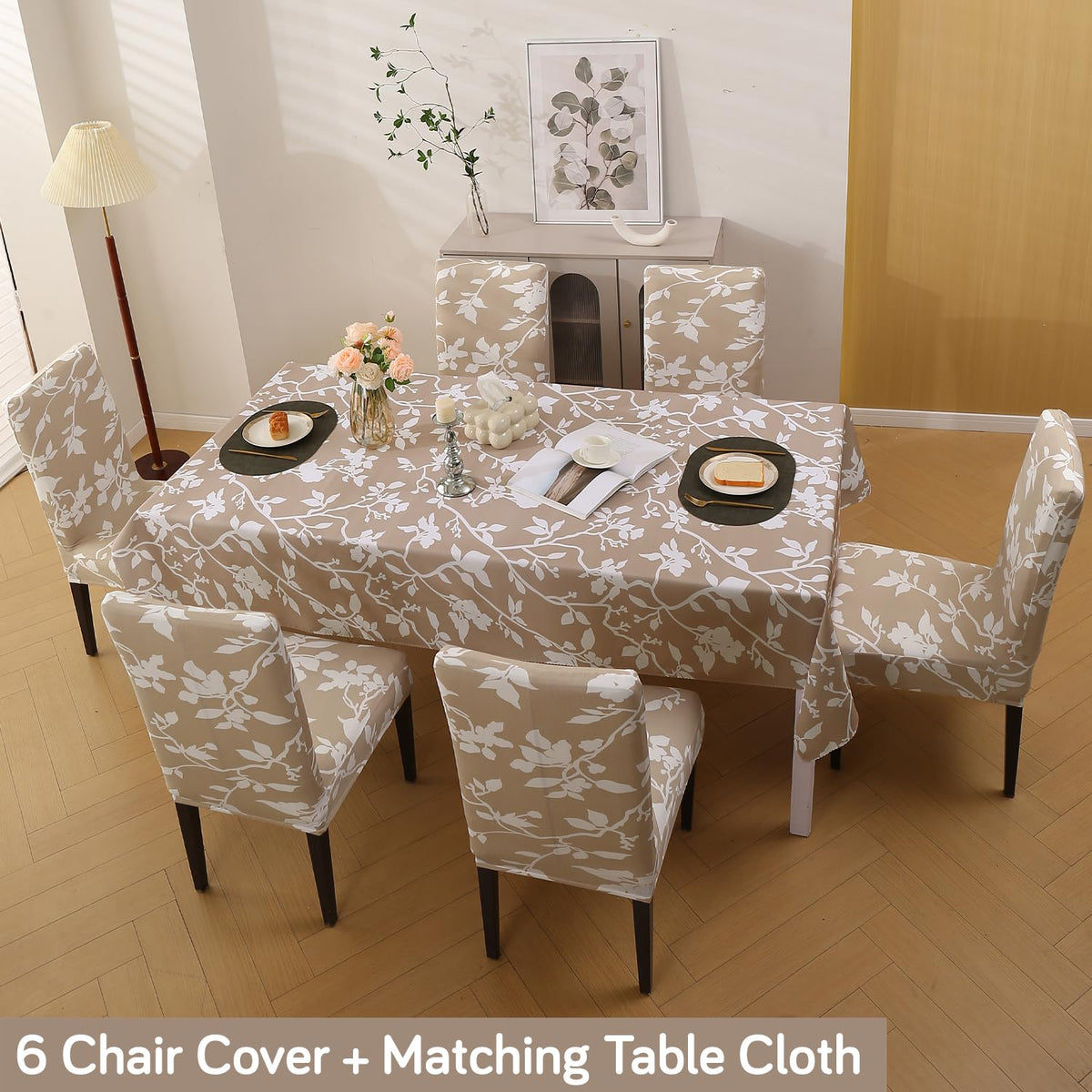 Elastic Dining Chair Covers with Matching Tablecloth, Buff Brown Sillehoute Floral