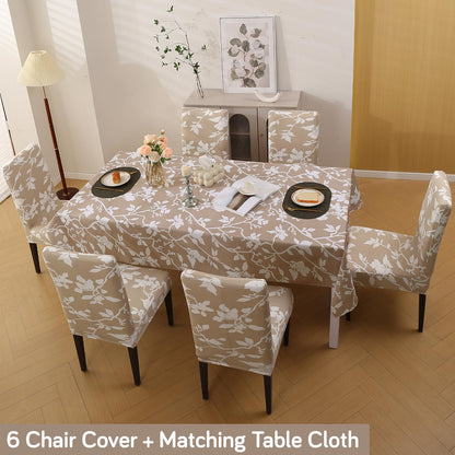 Elastic Dining Chair Covers with Matching Tablecloth, Buff Brown Sillehoute Floral