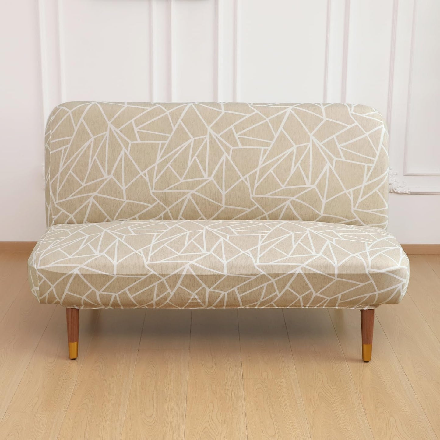 Elira Series Stretchable Elastic  Armless Sofa Cover – 140 GSM, Futon Slipcover, Easy Fit, Beige Abstract Geometry