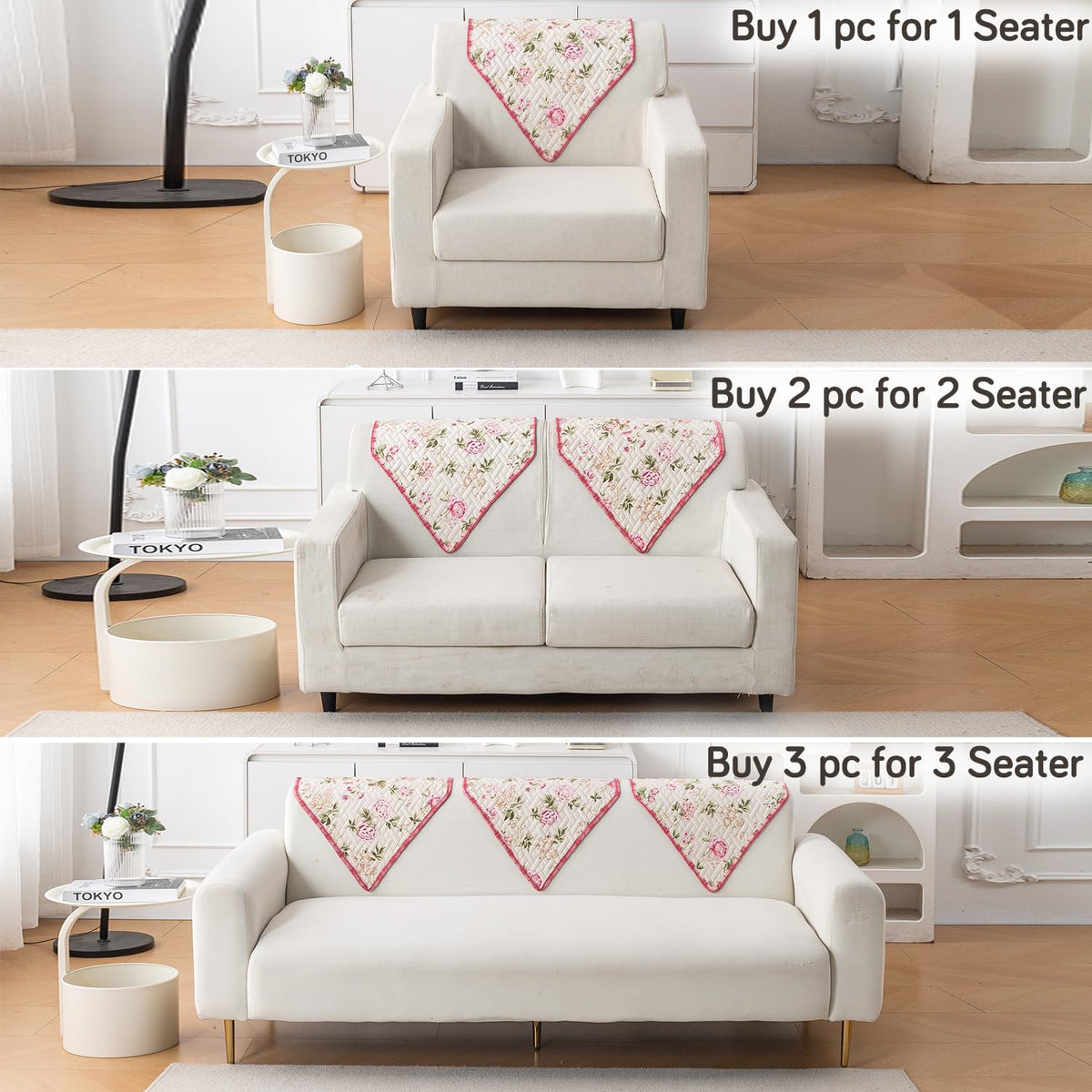 'Homehues' Printed Quilted Sofa Cover Mats, Beige Peonies