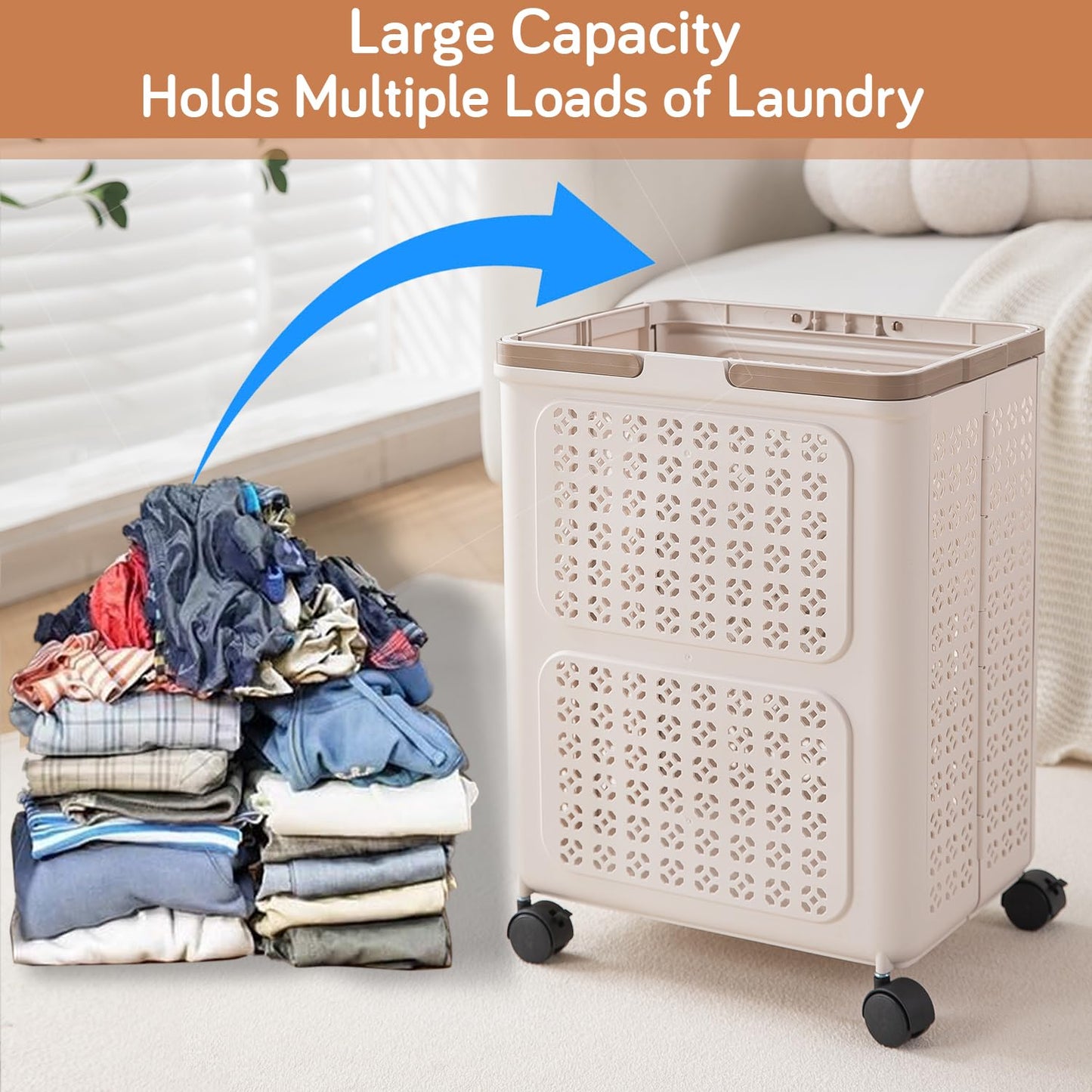 HOKIPO Foldable Laundry Basket with Wheels for Clothes, Toys & More - Beige