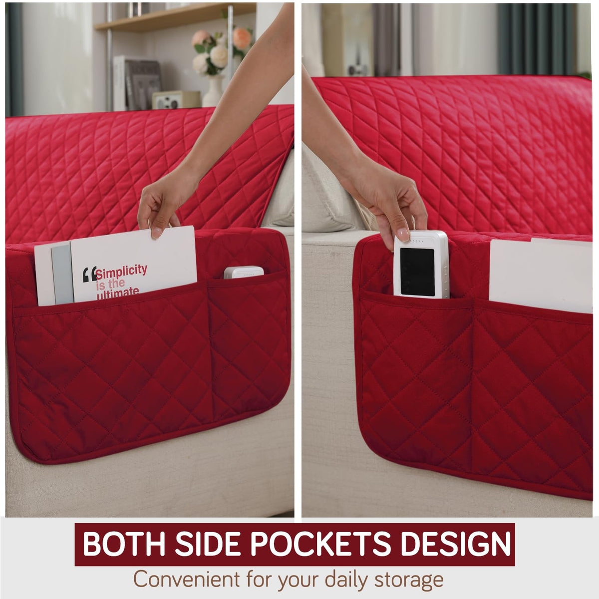 Red Colour Quilted Waterproof Sofa Cover Set with Handy Side Pockets