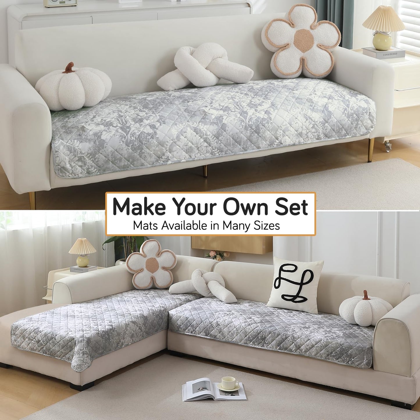 HOKIPO Quilted, Waterproof and Anti-Slip Sofa Cover Mat, Motifs Cloud Grey