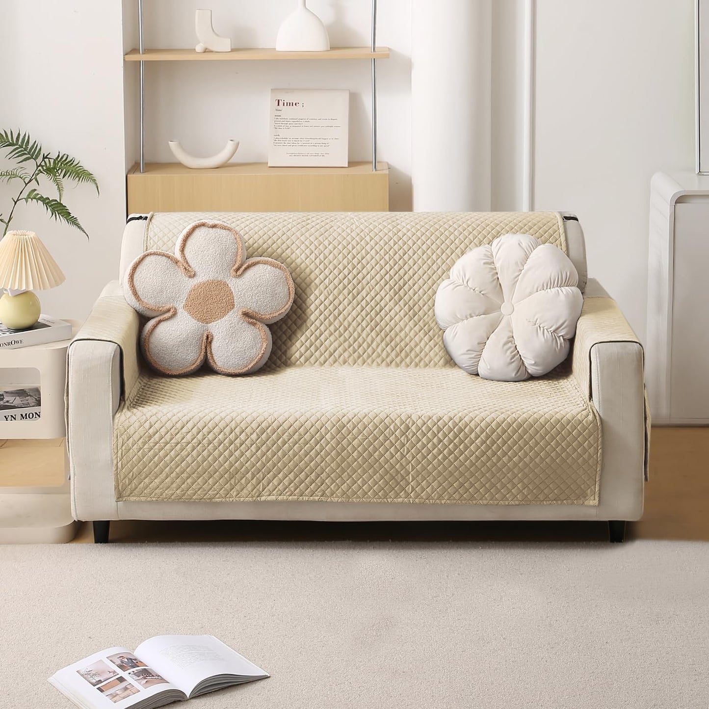 Quilted Velvet Sofa Cover Mat with Side Pockets, Pet Friendly, Natural Beige