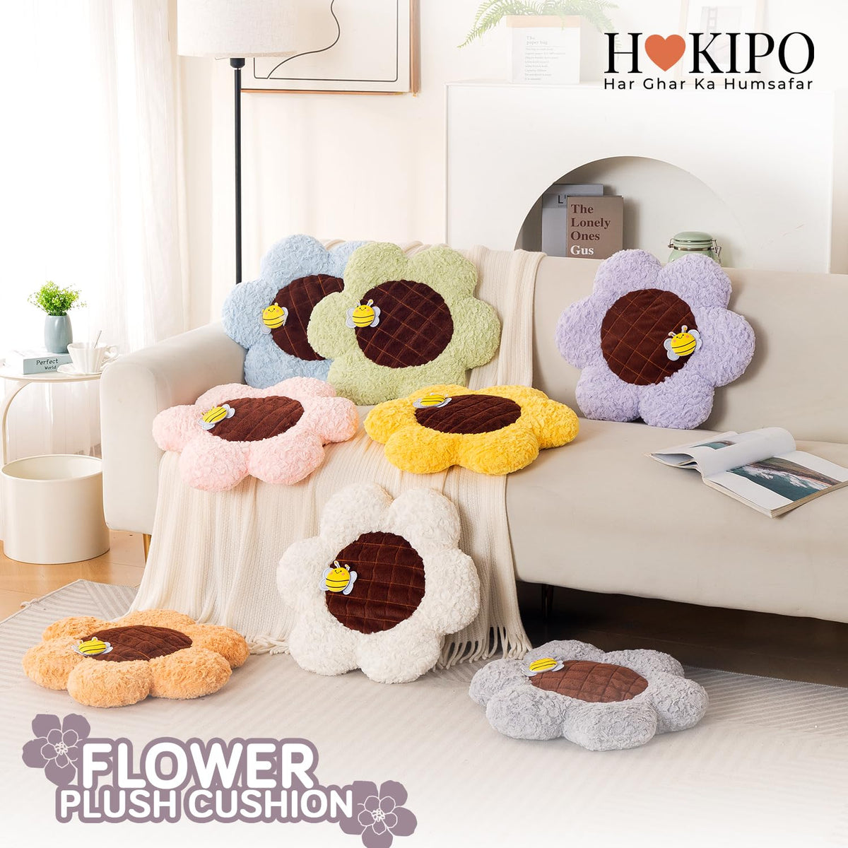 HOKIPO Sunflower Bee Cushion for Sofa & Bed, 50 cm, Purple