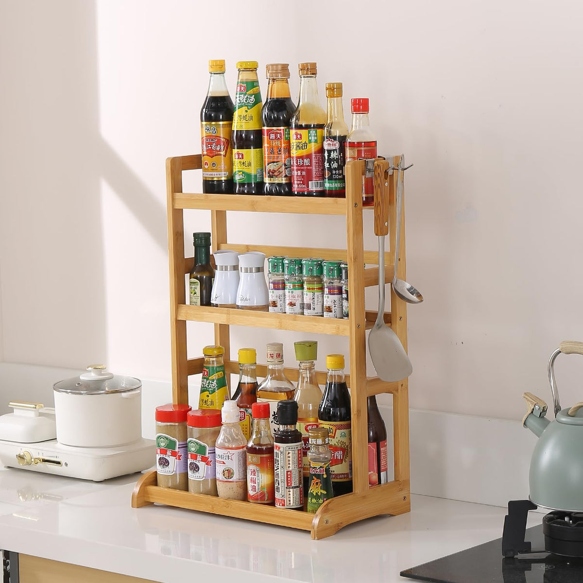 3 Tier Bamboo Spice Rack Organizer for Kitchen Platform Counter Top Rack Storage Shelf Stand, 25D x 42W x 61H cm