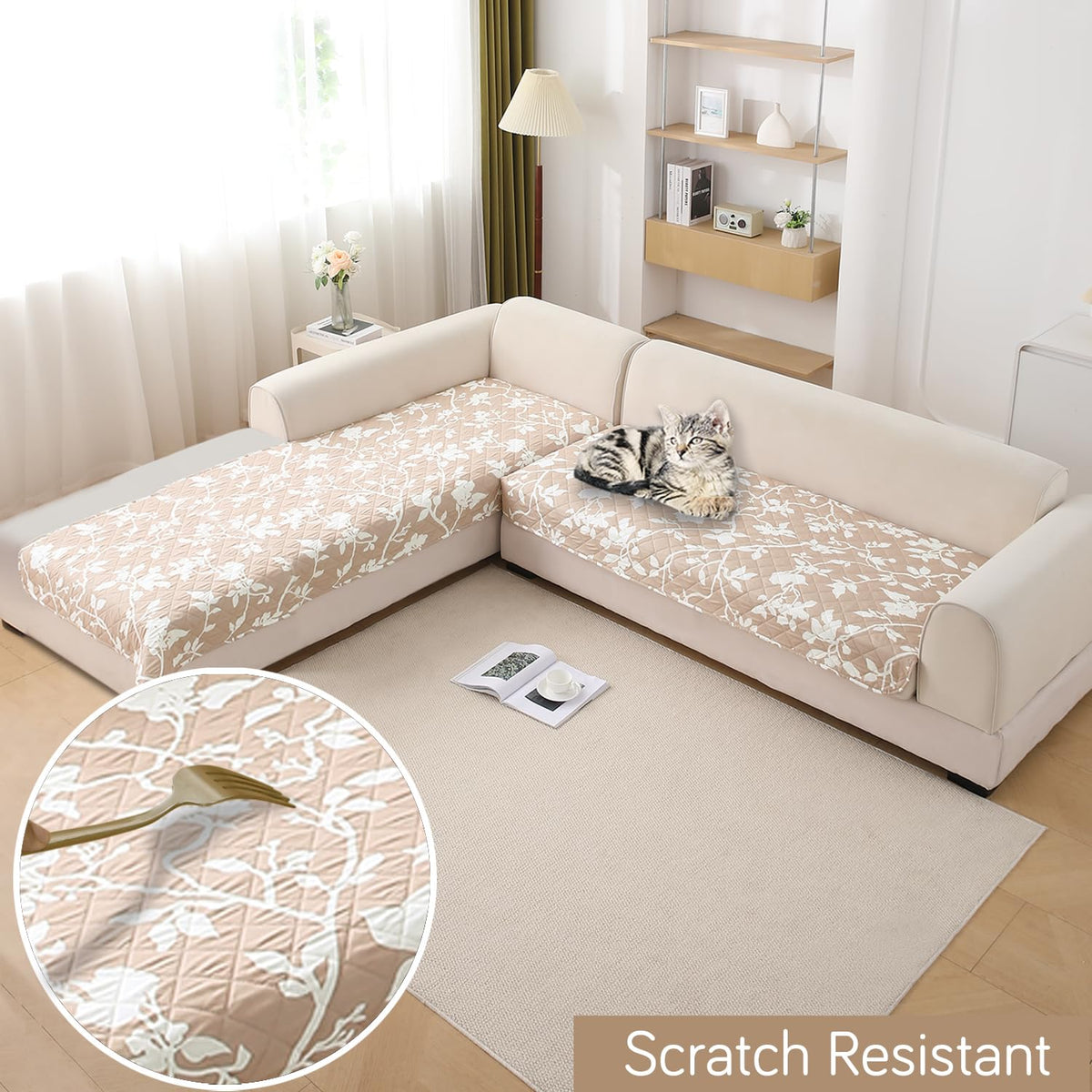 Waterproof Printed Quilted Quick Dry L Shape Sofa Seat Cover Mat, Buff Brown Sillehoute Floral