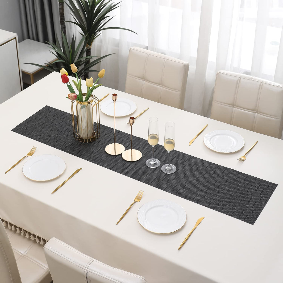 Buy Textured Black Colour PVC Table Runner for Dining Table | HOKIPO