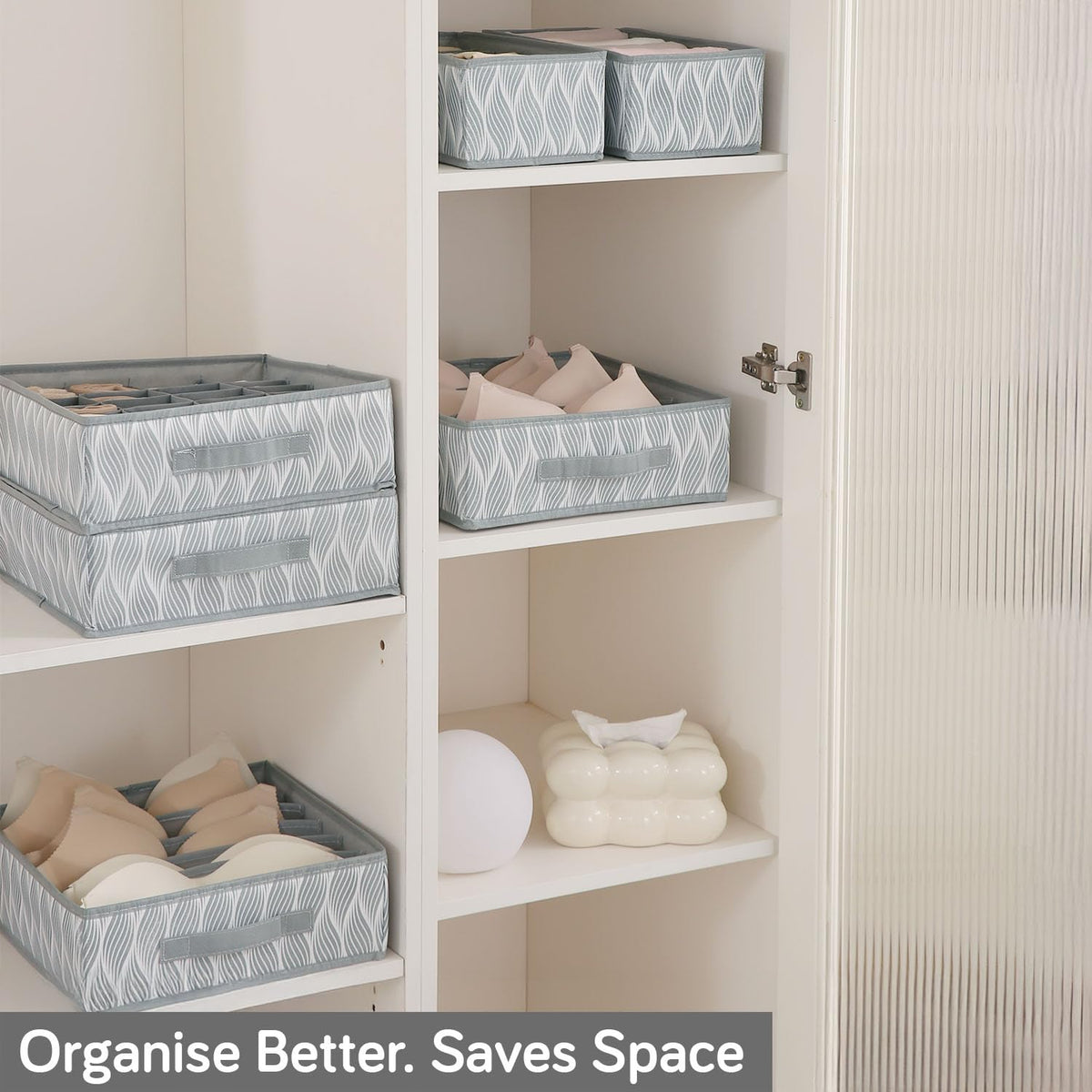 Lingerie Organizer for Women – Bra Organizer for Wardrobe & Drawers | Foldable Innerwear Organiser for Bras, Camisoles | Non-Woven Fabric, Grey leaves