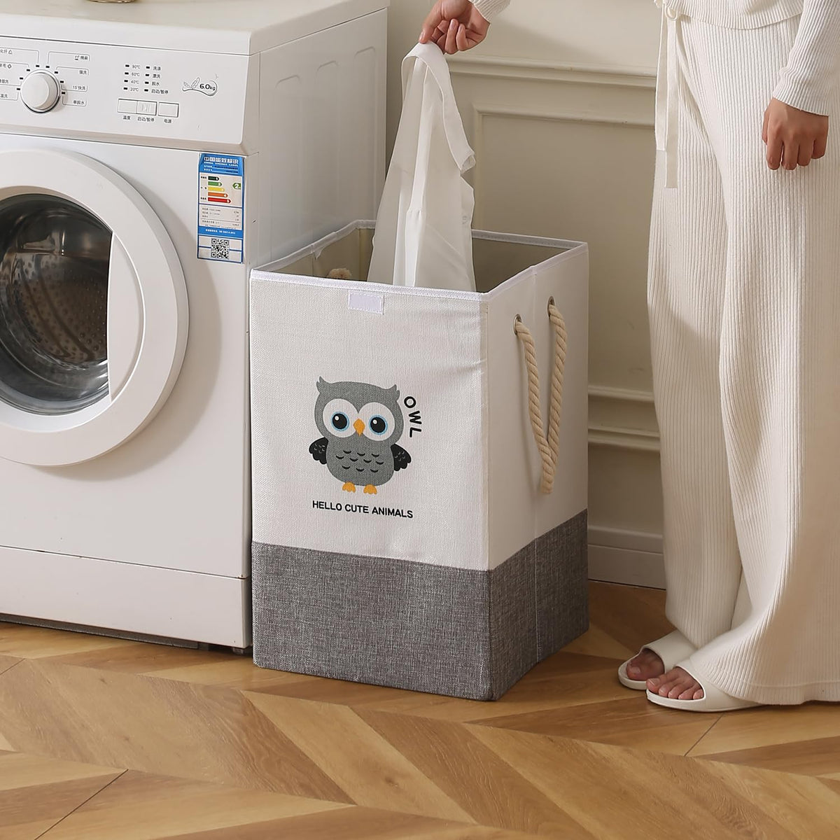Foldable Laundry Basket for Clothes with Lid, Grey - Owl