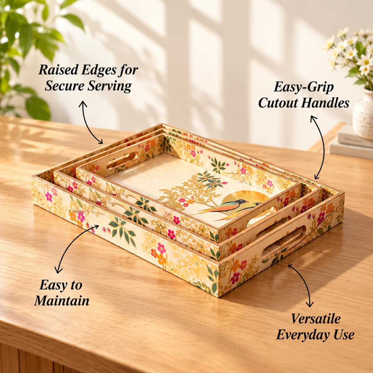 HOKIPO Serving Tray Set of 3, Engineered Wood, Indigo Flora - image 30