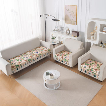 'Whispers of Nature' Series Holland Velvet Sofa Seat Mat with Tassel, Beige Woodland Bloom