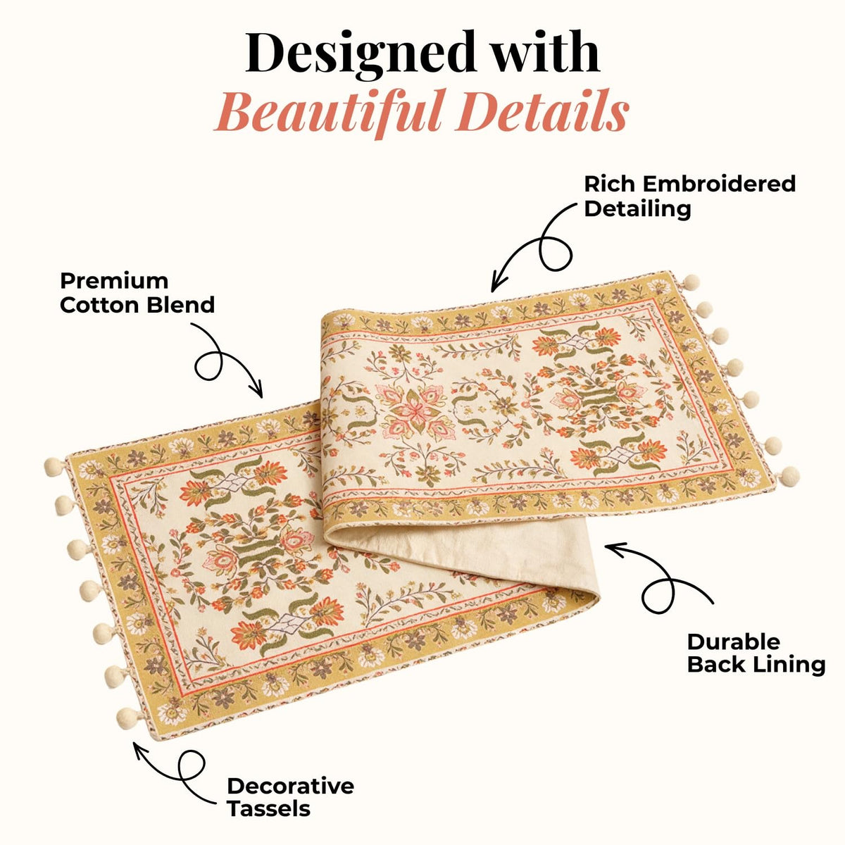 HOKIPO Garden Floral Printed & Embroidered Table Runner, Golden Tan - image 3