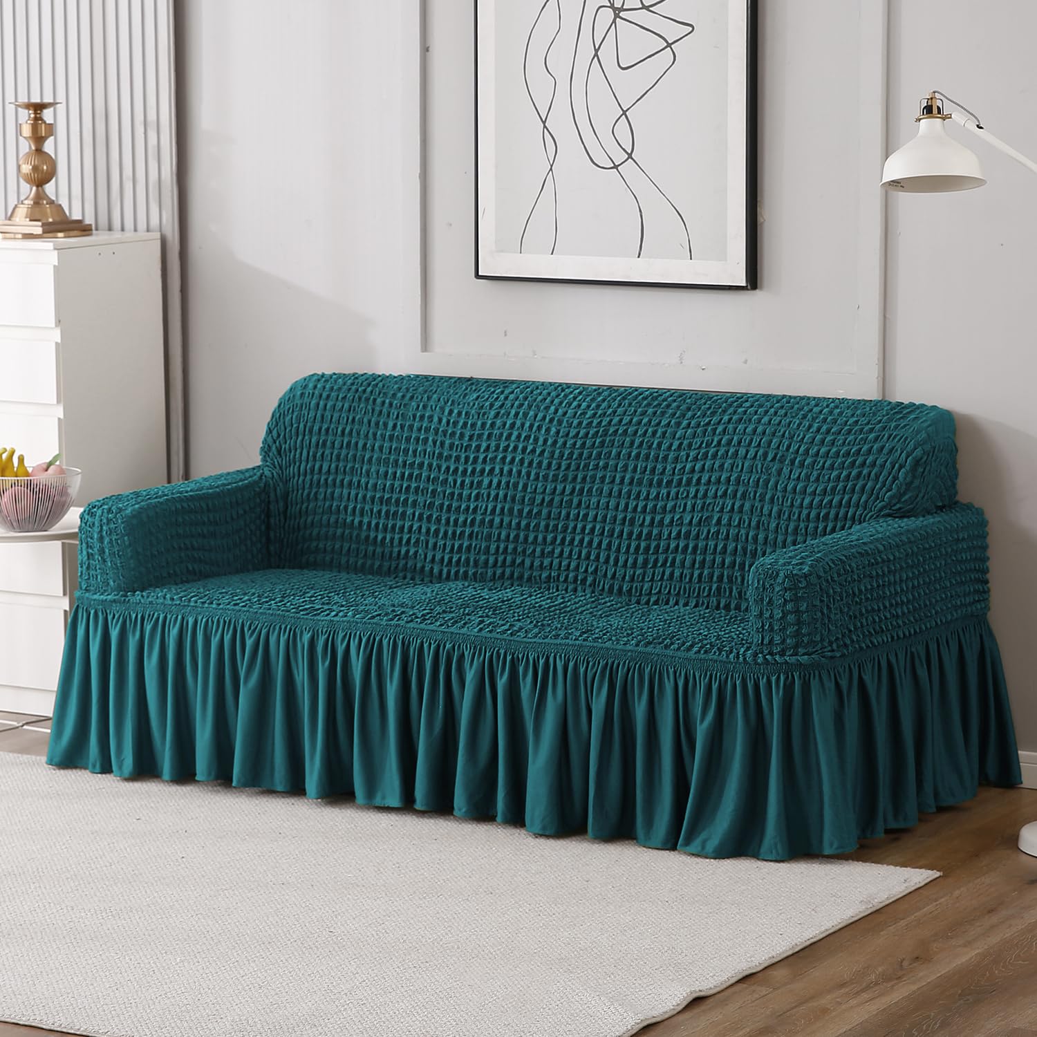 Teal 3 seater Elastic Turkish Bubble Frilled sofa cover​ set