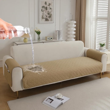 Quilted Waterproof Sofa Seat Mat for 1/2/3 Seater Sofa with 2 Armrest Covers with Pockets, Beige