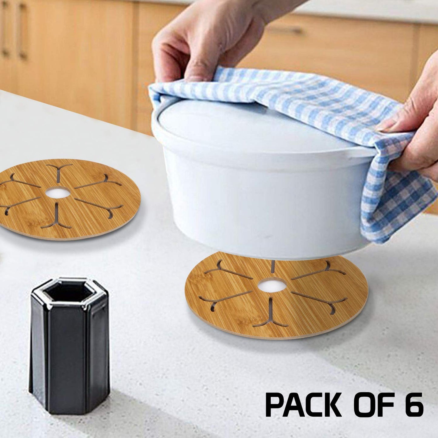 HOKIPO Eco-Friendly Bamboo Wooden Coasters for Home Pan Pot Holder, Dining Table Heat Pad for Kitchen - Pack of 2/4/6